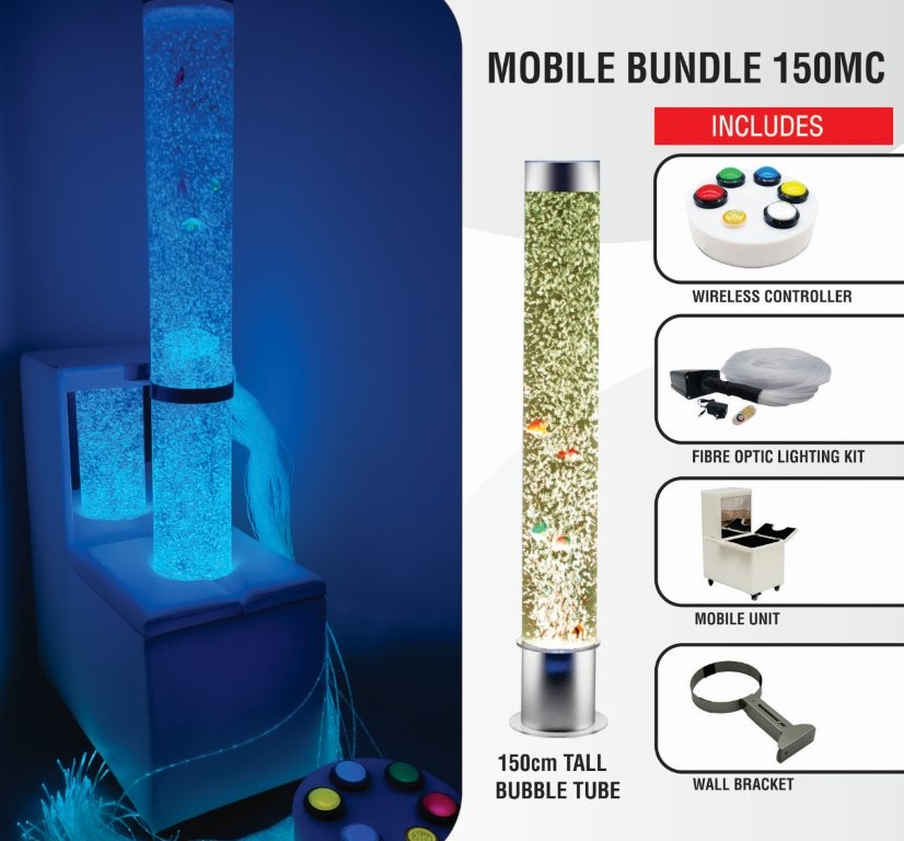 Mobile Sensory Bundle 150MC -Bubble Tube 150cm tall with Interactive Wireless Controller, Fibre Optic, Mobile Unit and Bracket